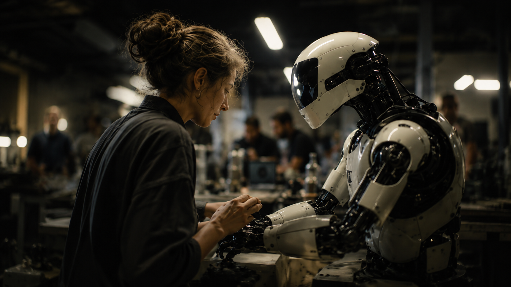 A woman carefully adjusts a humanoid robot's hand in a workshop