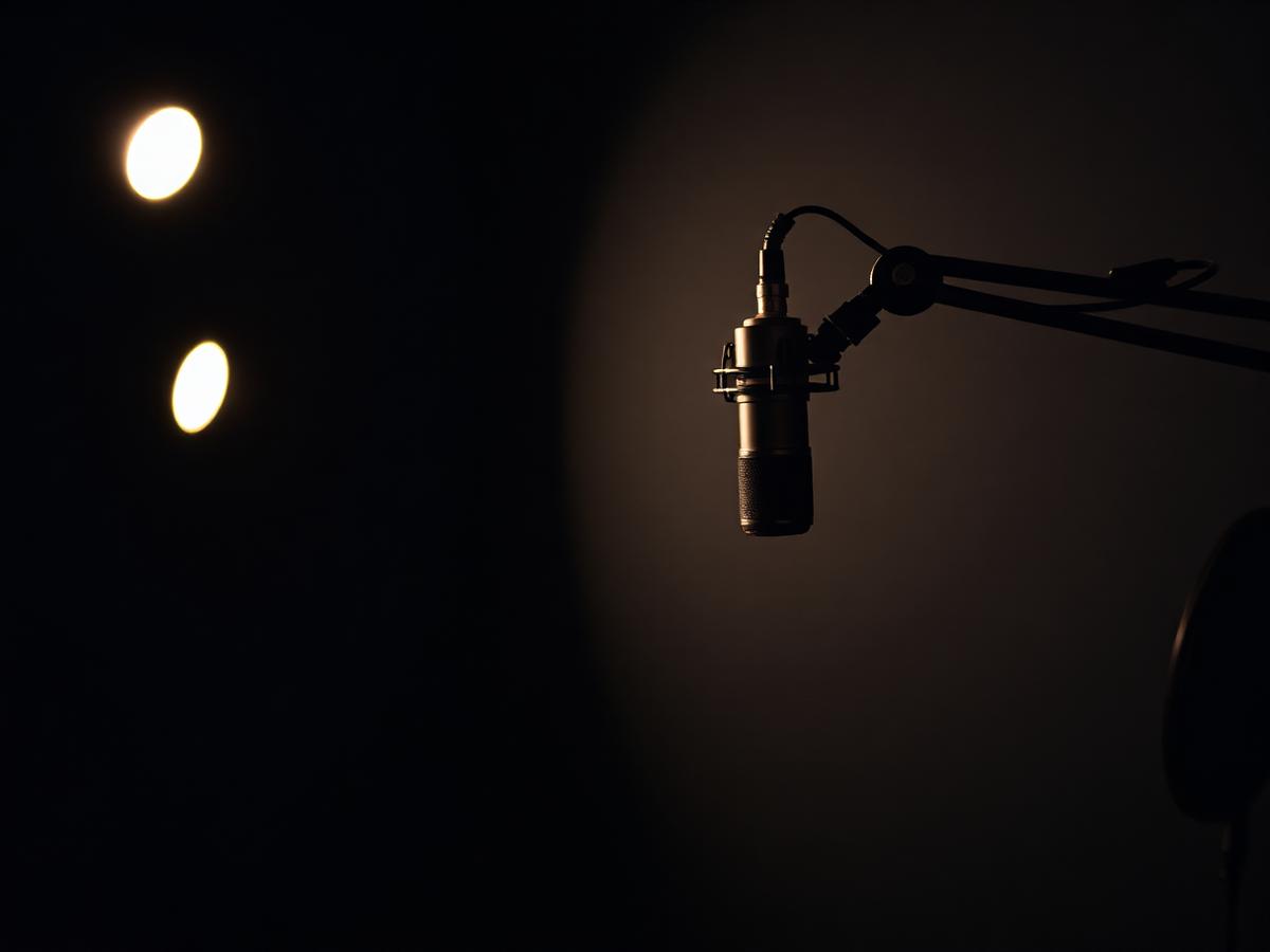 Studio condenser microphone lit warmly in a dark recording room